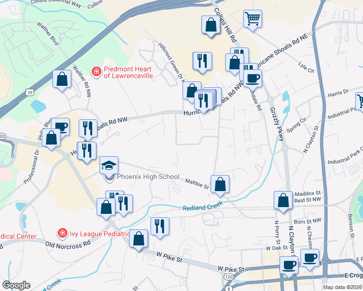 map of restaurants, bars, coffee shops, grocery stores, and more near 460 Downing Street in Lawrenceville