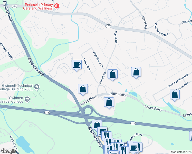 map of restaurants, bars, coffee shops, grocery stores, and more near 1842 Marie Way in Lawrenceville