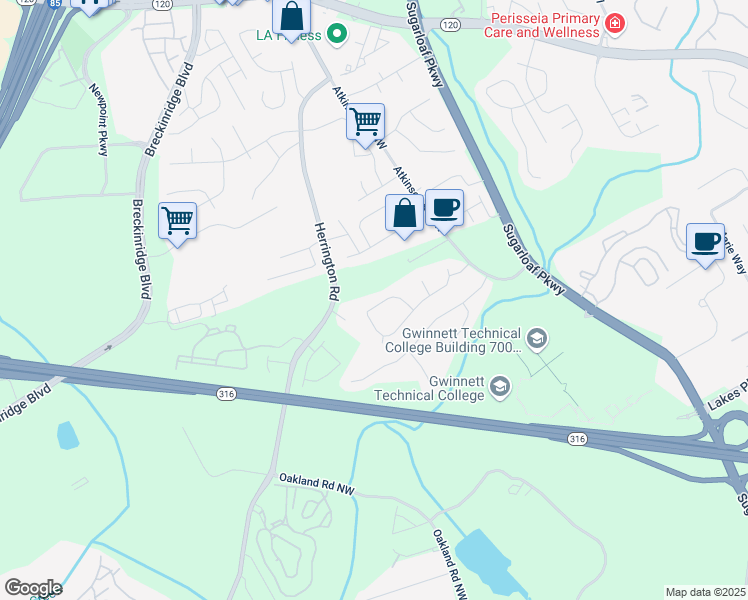 map of restaurants, bars, coffee shops, grocery stores, and more near 2350 Laurel Pointe Lane in Lawrenceville