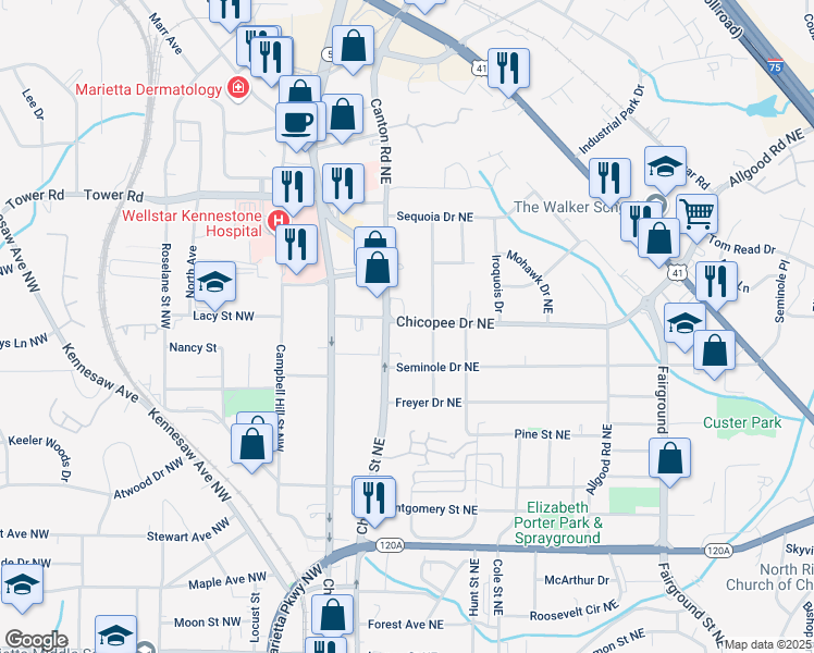 map of restaurants, bars, coffee shops, grocery stores, and more near 192 Chicopee Drive Northeast in Marietta
