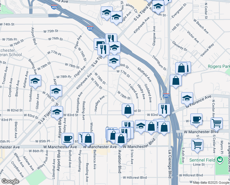 map of restaurants, bars, coffee shops, grocery stores, and more near 7809 Breen Avenue in Los Angeles