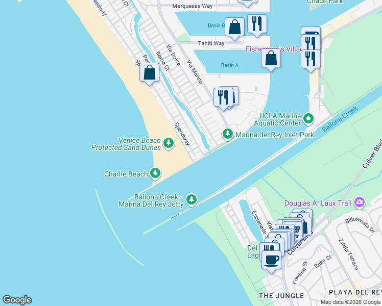 map of restaurants, bars, coffee shops, grocery stores, and more near 5500 Ocean Front Walk in Marina del Rey