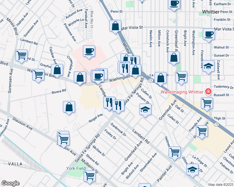 map of restaurants, bars, coffee shops, grocery stores, and more near 12532 Adler Drive in Whittier