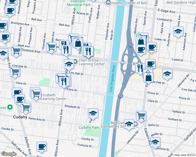 map of restaurants, bars, coffee shops, grocery stores, and more near 5244 Live Oak Street in Cudahy