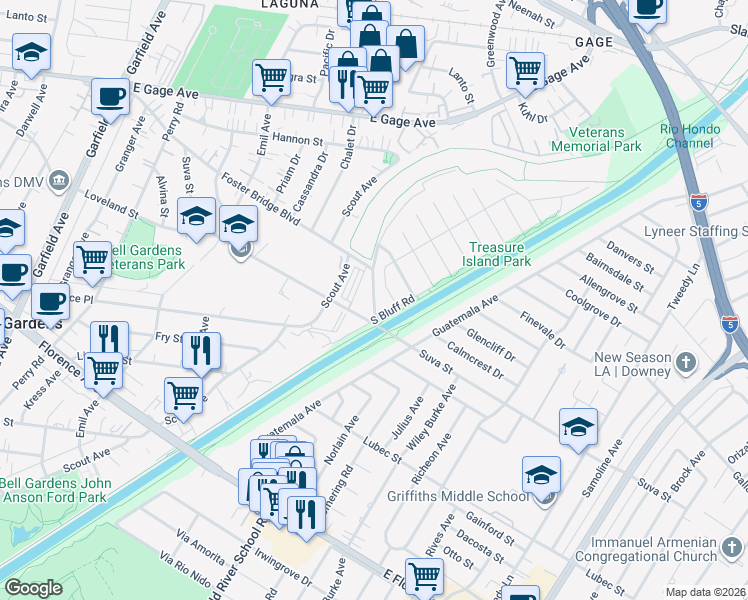 map of restaurants, bars, coffee shops, grocery stores, and more near 7373 Suva Street in Downey