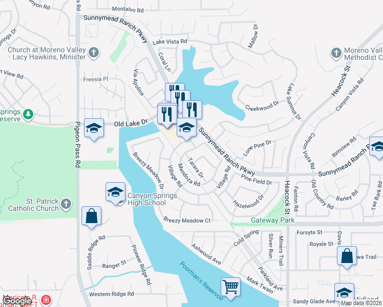map of restaurants, bars, coffee shops, grocery stores, and more near 10582 Mendoza Road in Moreno Valley