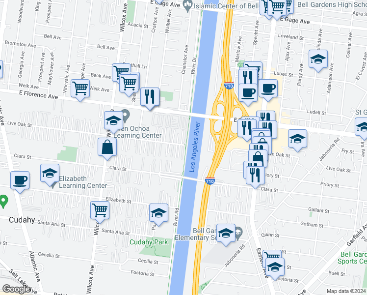 map of restaurants, bars, coffee shops, grocery stores, and more near 5324 Live Oak Street in Cudahy