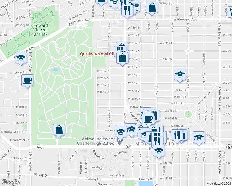 map of restaurants, bars, coffee shops, grocery stores, and more near 3426 West 80th Street in Inglewood