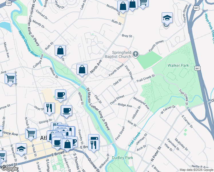 map of restaurants, bars, coffee shops, grocery stores, and more near 260 Griffeth Street in Athens