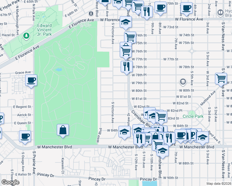 map of restaurants, bars, coffee shops, grocery stores, and more near 3436 West 80th Street in Inglewood