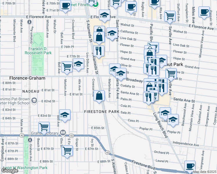 map of restaurants, bars, coffee shops, grocery stores, and more near 7943 Marbrisa Avenue in Huntington Park
