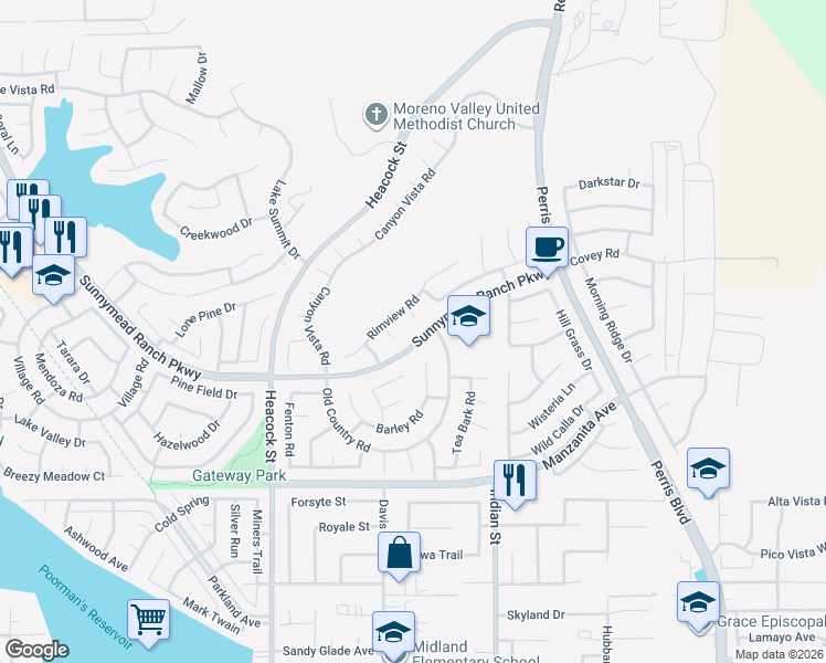 map of restaurants, bars, coffee shops, grocery stores, and more near 10635 Aster Leaf Lane in Moreno Valley