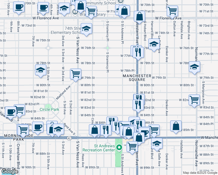 map of restaurants, bars, coffee shops, grocery stores, and more near 1960 West 80th Street in Los Angeles