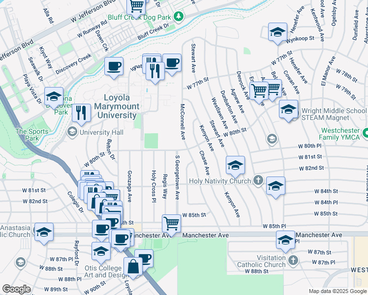 map of restaurants, bars, coffee shops, grocery stores, and more near 7963 McConnell Avenue in Los Angeles