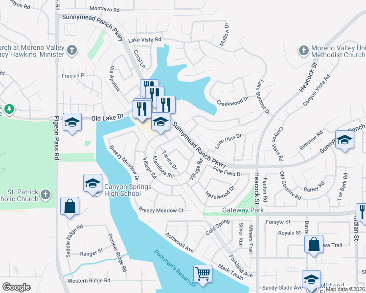 map of restaurants, bars, coffee shops, grocery stores, and more near 23633 Tonada Lane in Moreno Valley