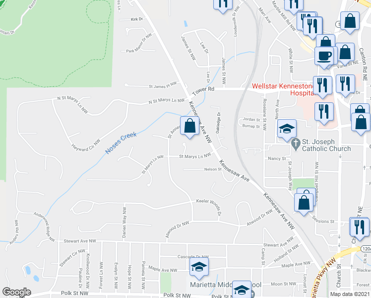 map of restaurants, bars, coffee shops, grocery stores, and more near 530 Saint Barbaras Lane Northwest in Marietta
