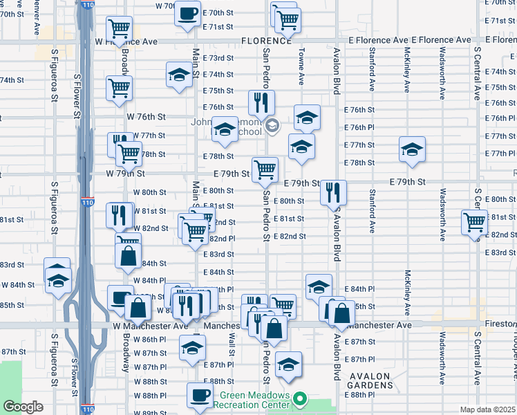 map of restaurants, bars, coffee shops, grocery stores, and more near 250 East 81st Street in Los Angeles