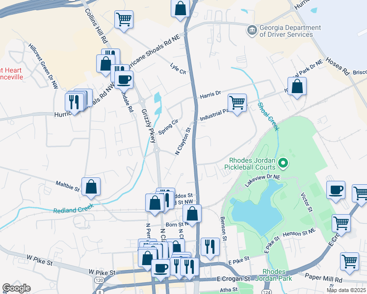 map of restaurants, bars, coffee shops, grocery stores, and more near 888 North Clayton Street in Lawrenceville