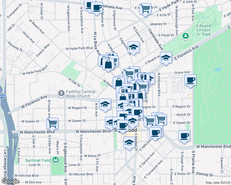 map of restaurants, bars, coffee shops, grocery stores, and more near 257 North La Brea Avenue in Inglewood