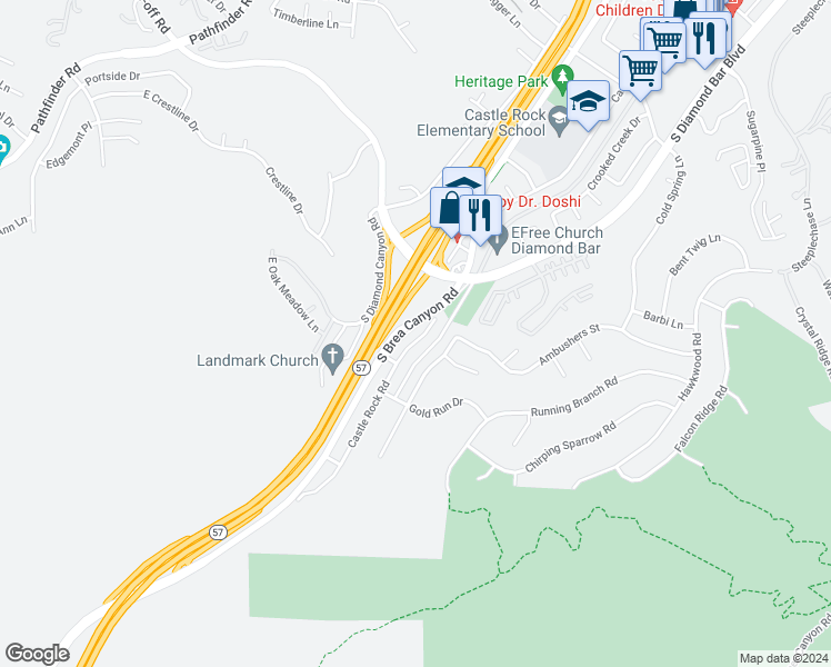 map of restaurants, bars, coffee shops, grocery stores, and more near 3443 Castlerock Road in Diamond Bar