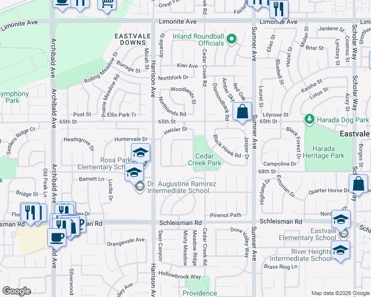map of restaurants, bars, coffee shops, grocery stores, and more near 6706 Elysian Court in Corona