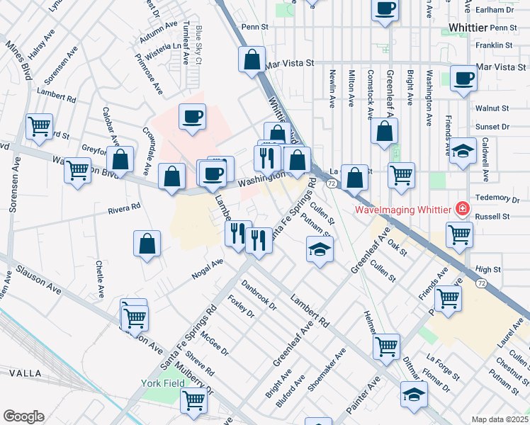 map of restaurants, bars, coffee shops, grocery stores, and more near 12537 Adler Drive in Whittier