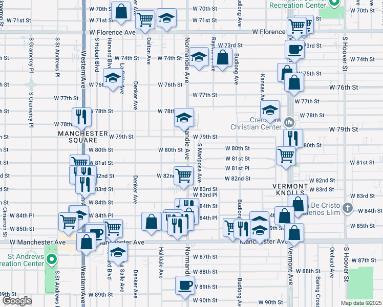 map of restaurants, bars, coffee shops, grocery stores, and more near 8011 Normandie Avenue in Los Angeles