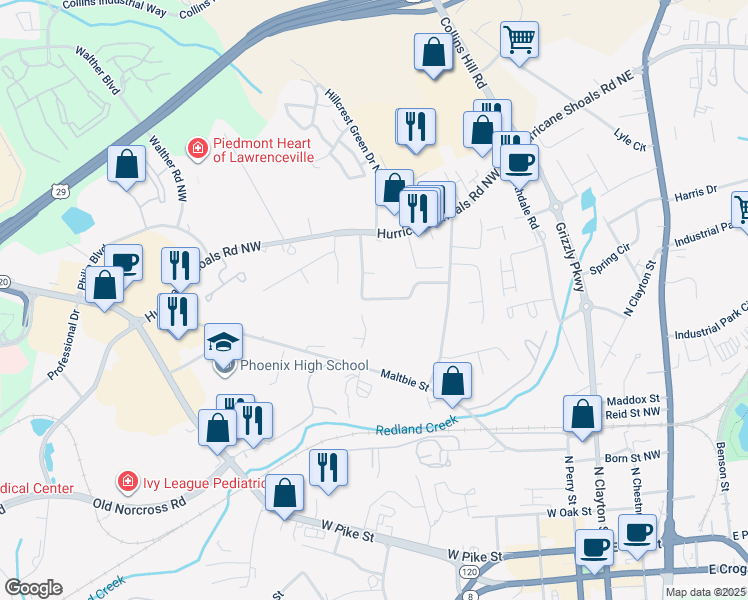 map of restaurants, bars, coffee shops, grocery stores, and more near 460 Downing Street in Lawrenceville