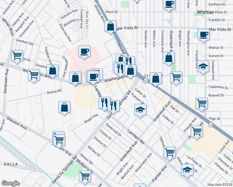 map of restaurants, bars, coffee shops, grocery stores, and more near 12543 Adler Drive in Whittier