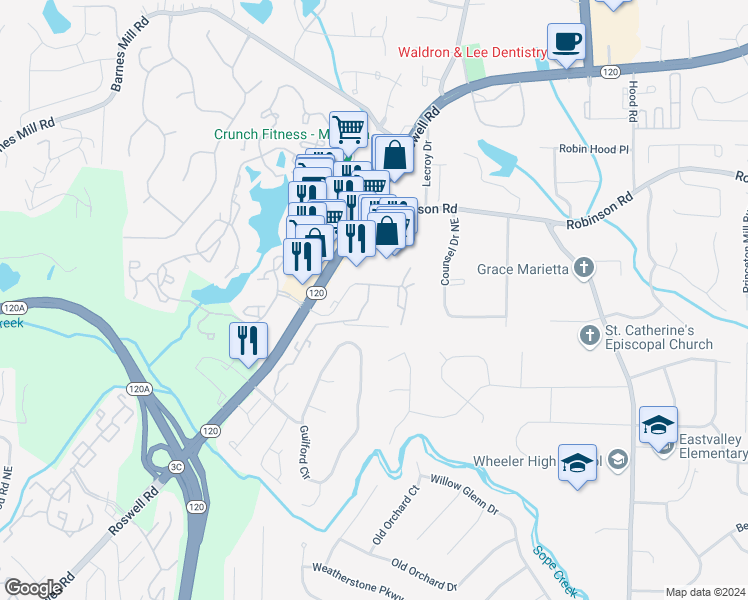 map of restaurants, bars, coffee shops, grocery stores, and more near 2010 Roswell Road in Marietta