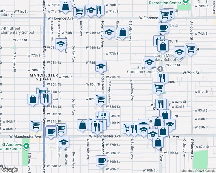 map of restaurants, bars, coffee shops, grocery stores, and more near 8009 South Mariposa Avenue in Los Angeles