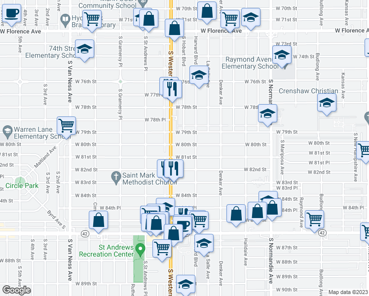 map of restaurants, bars, coffee shops, grocery stores, and more near 1728 West 80th Street in Los Angeles