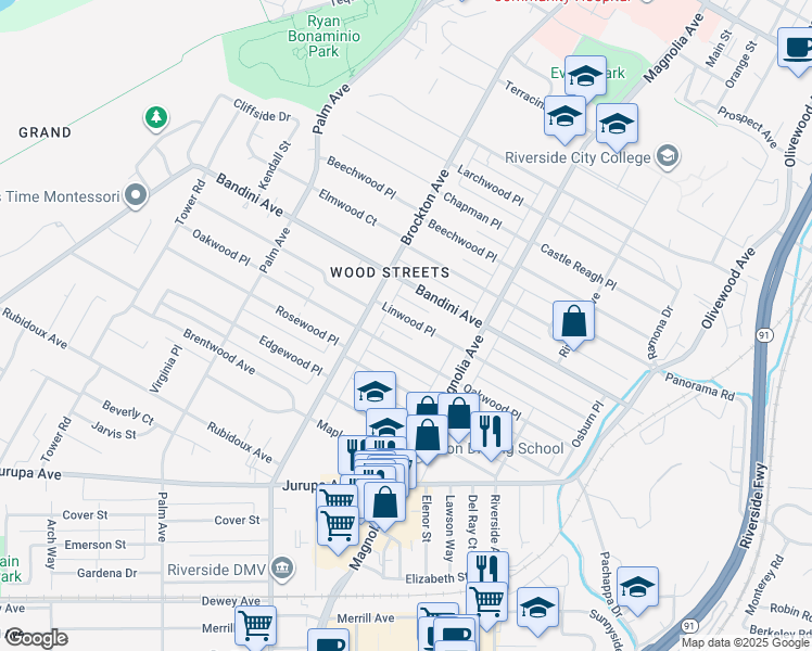 map of restaurants, bars, coffee shops, grocery stores, and more near 3992 Linwood Place in Riverside