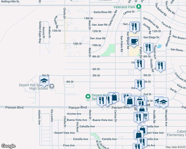 map of restaurants, bars, coffee shops, grocery stores, and more near 66032 5th Street in Desert Hot Springs