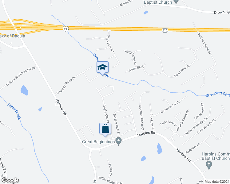 map of restaurants, bars, coffee shops, grocery stores, and more near 2665 Paddock Point Place Southeast in Dacula