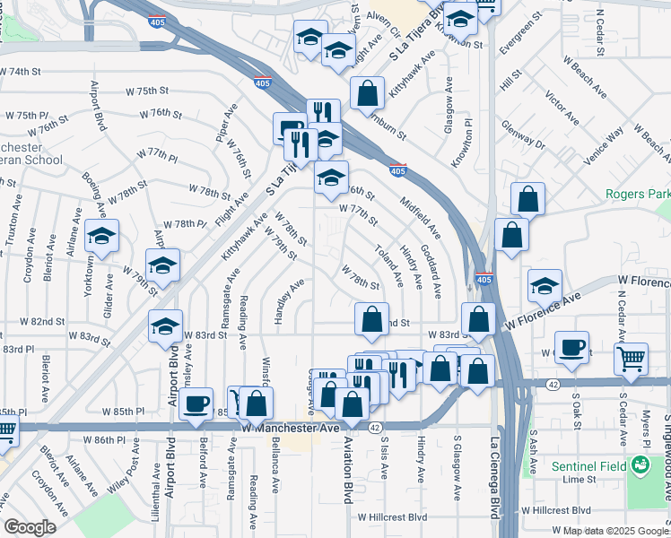 map of restaurants, bars, coffee shops, grocery stores, and more near 7809 Breen Avenue in Los Angeles