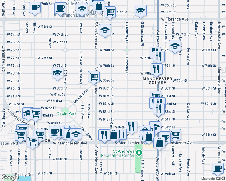 map of restaurants, bars, coffee shops, grocery stores, and more near 2058 West 80th Street in Los Angeles