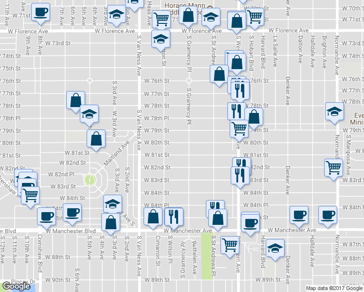 map of restaurants, bars, coffee shops, grocery stores, and more near 2014 West 80th Street in Los Angeles