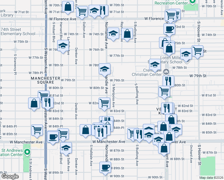 map of restaurants, bars, coffee shops, grocery stores, and more near 8009 South Mariposa Avenue in Los Angeles