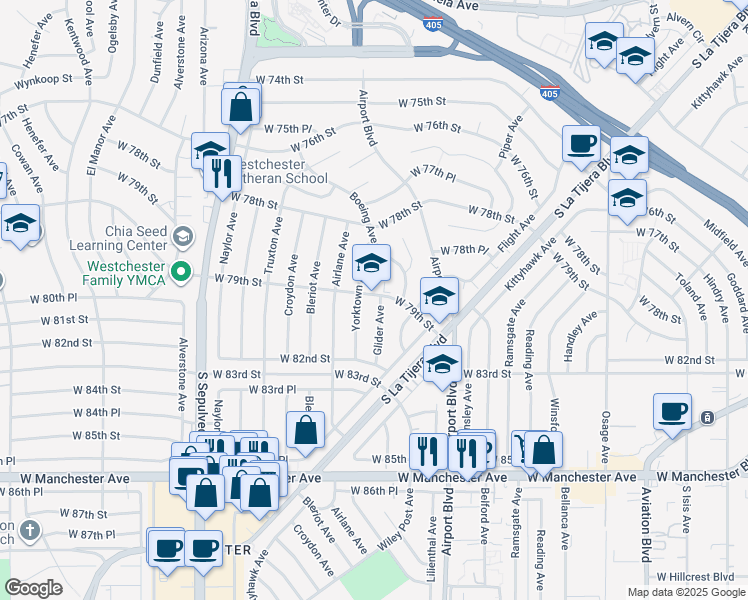 map of restaurants, bars, coffee shops, grocery stores, and more near 7907 Glider Avenue in Los Angeles