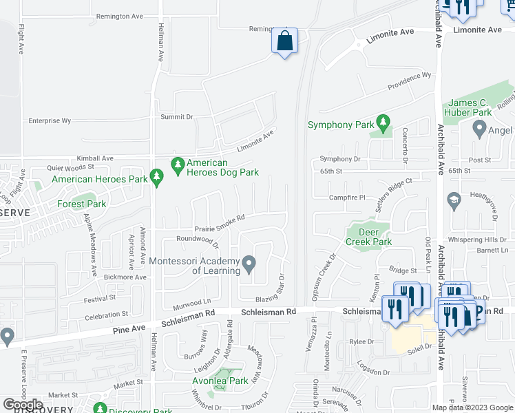 map of restaurants, bars, coffee shops, grocery stores, and more near 6704 Bull Thistle Court in Corona