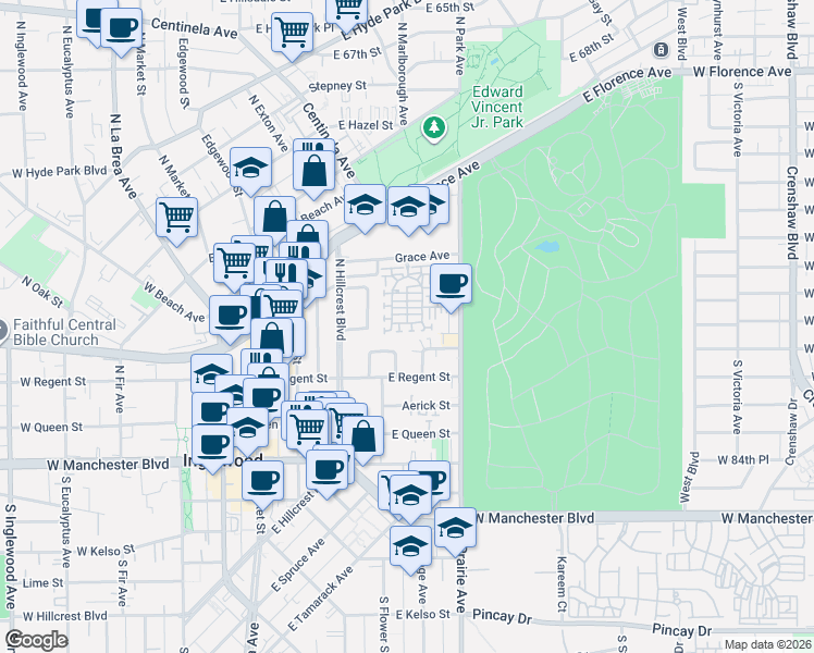 map of restaurants, bars, coffee shops, grocery stores, and more near 660 Daniel Freeman Circle in Inglewood