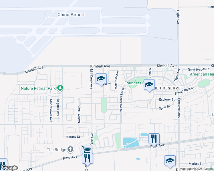 map of restaurants, bars, coffee shops, grocery stores, and more near 8005 Yeager Street in Chino