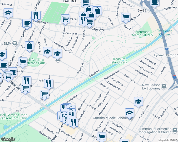 map of restaurants, bars, coffee shops, grocery stores, and more near 7363 Suva Street in Downey