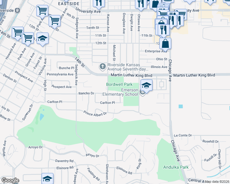 map of restaurants, bars, coffee shops, grocery stores, and more near 2061 Rancho Drive in Riverside