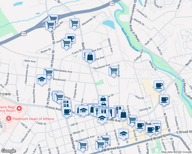 map of restaurants, bars, coffee shops, grocery stores, and more near 354 Barber Street in Athens