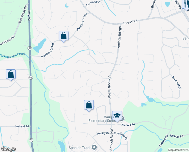 map of restaurants, bars, coffee shops, grocery stores, and more near 6146 Windflower Drive in Powder Springs