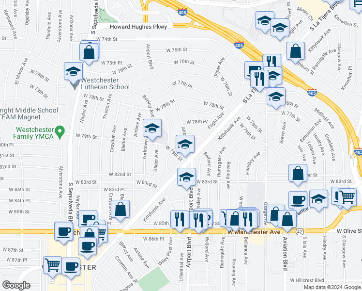map of restaurants, bars, coffee shops, grocery stores, and more near 7880 Flight Place in Los Angeles