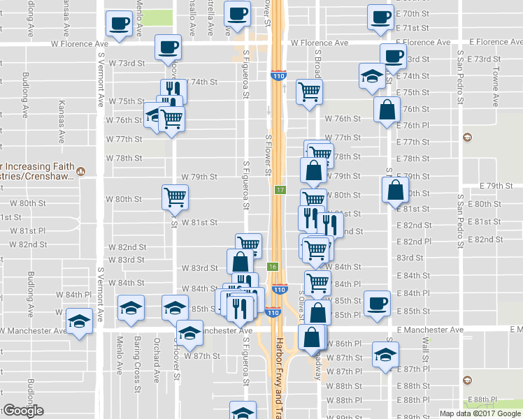 map of restaurants, bars, coffee shops, grocery stores, and more near 437 West 81st Street in Los Angeles
