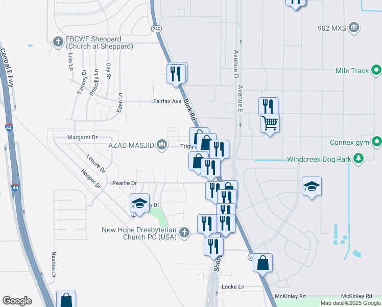 map of restaurants, bars, coffee shops, grocery stores, and more near 4132 Burk Road in Wichita Falls